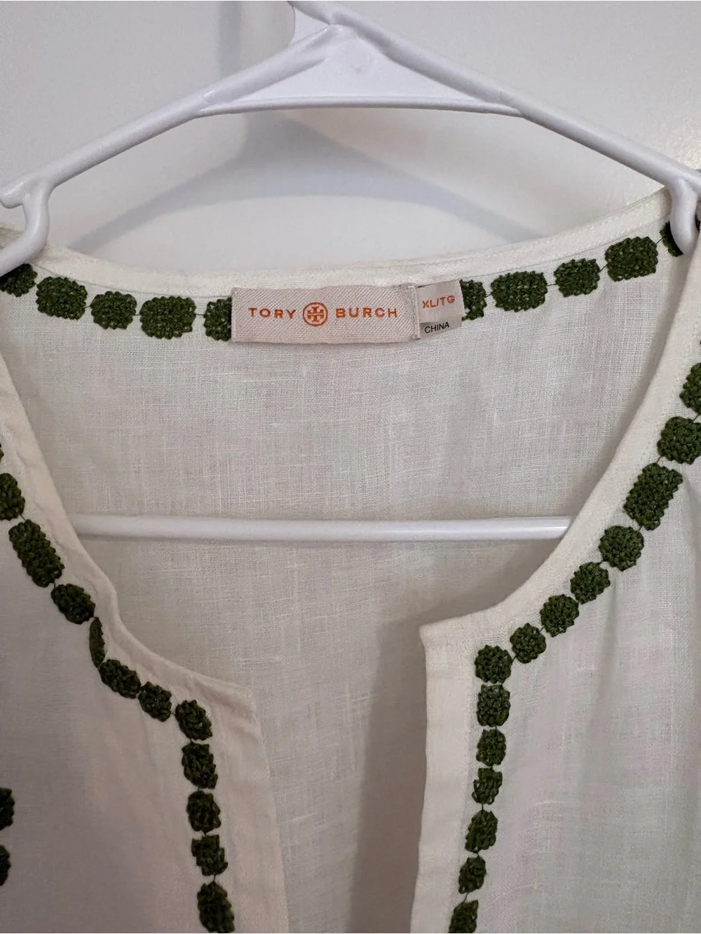 Tory Burch White Tunic with Green Floral Embroidery NWOT